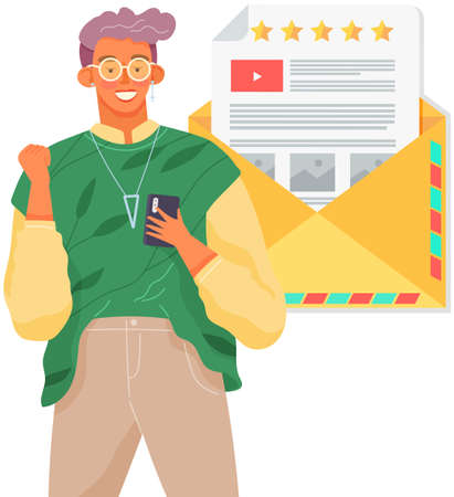 Girl with smartphone receives email. Online chatting and communication concept. Smiling woman with phone stands on background of envelope with letter. Female character sending email via internetのイラスト素材