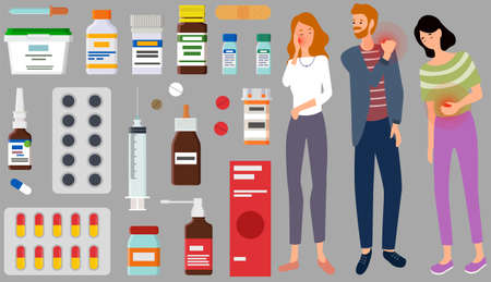 Sad people suffering from pain stand next to medicines, tablets, ointments for treatment of diseases. Painful sensations of sick characters. Men and women grabs their hands to sore body partsのイラスト素材