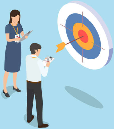 Business team stands near large target. Businesspeople looking at target with arrow in middle as symbol of achieved goal. Colleagues analysing symbol of business success, development and making notesのイラスト素材