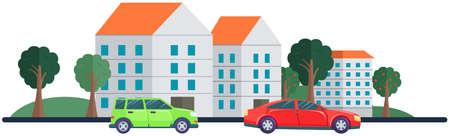 Gray and red cars in city. Cars are driving on road. Landscape with residential buildings and automobiles. Driving in modern downtown. Vehicles on background of cityscape with buildings and natureのイラスト素材