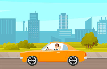 Modern car parking along town street in cartoon style. Vehicles car on city street. Auto on road with trees. Beautiful automobile in nature park. Travel by car. Drive transport. Automotive conceptのイラスト素材