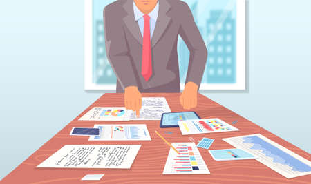 Visualize with business analytics. People work with statistical data analysis, changing indicators. Employees analyze statistical indicators, business data. Characters work with marketing researchのイラスト素材