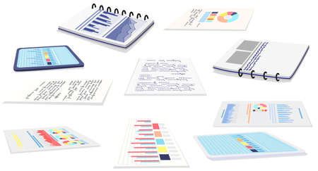 Visualize with business analytics. Work with statistical data analysis, changing indicators. Analyze statistical indicators, business data. Marketing research for presentation. Data financial reportのイラスト素材