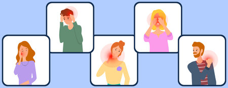Sad people suffering from pain. Painful sensations of sick people. Men and women grabs their hands to sore head, abdomen, heart, shoulder. Patients with sore body parts in consultation with doctorのイラスト素材