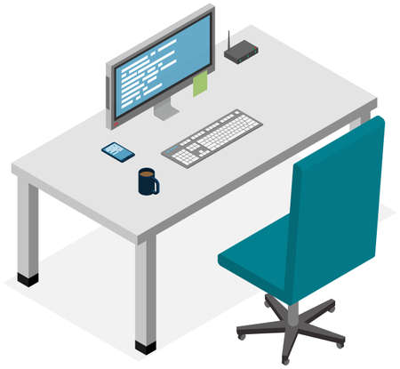 Modern workplace flat design. Office chair and office desk with computer monitor, keyboard, router, screen and cup of coffee Furniture and equipment for workplace of an employee or office workerのイラスト素材