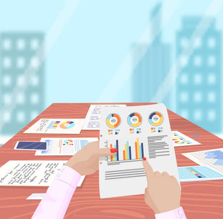 Visualize with business analytics. People work with statistical data analysis, changing indicators. Employees analyze statistical indicators, business data. Characters work with marketing researchのイラスト素材