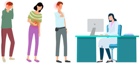 Sad people suffering from severe pain are in line for consultation with doctor. Patients with different types of diseases in qeue to medical specialist. Sick men and women at reception in hospitalのイラスト素材