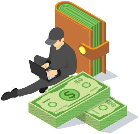Man works on computer and makes money. Male character in black clothes with laptop sitting next to wallet. Guy near wallet with dollar bills. IT specialist works with laptop remotely and earnのイラスト素材