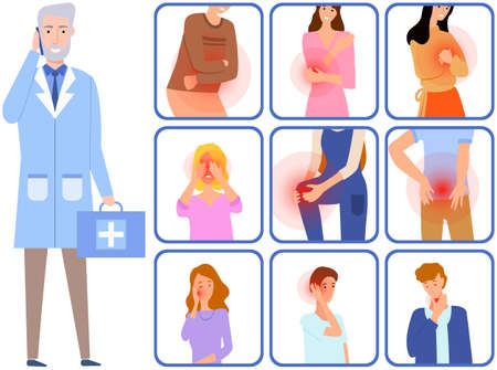 Sad people suffering from pain. Painful sensations of sick people. Men and women grabs their hands to sore head, abdomen, heart, shoulder. Patients with sore body parts in consultation with doctorのイラスト素材