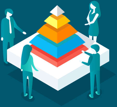 Visualize with business analytics. People work with statistical data analysis, changing indicators. Employees analyze statistical indicators, business data. Characters work with marketing researchのイラスト素材