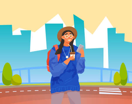 Woman with smartphone is writing email, texting on city background. Female character using mobile device to chat online. Young girl is chatting online via internet and drinking coffeeのイラスト素材