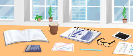 Analyst workplace with data reports, documents with information and statistics, stationery, notebook, calculator and glasses. Business meeting and brainstorming. Workplace of businessman or auditorのイラスト素材