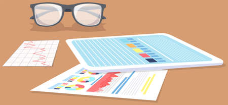 Visualize with business analytics. Work with statistical data analysis, changing indicators. Analyze statistical indicators, business data. Marketing research for presentation. Data financial reportのイラスト素材