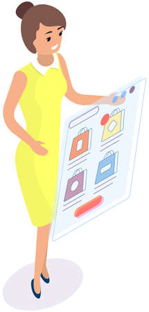 Shopping, sale, consumerism and online store concept. Woman works in field of targeting and online sales on site. Female character exploring interface of internet website. Shopping app templateのイラスト素材