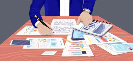 Visualize with business analytics. People work with statistical data analysis, changing indicators. Employees analyze statistical indicators, business data. Characters work with marketing researchのイラスト素材