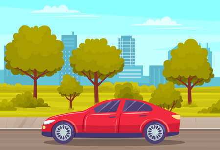 Landscape of urban park with passenger car. Cityscape of town with highway and trees. Automobile on road against background of suburb. Roadway, cityscape and nature. Car drives along country roadのイラスト素材