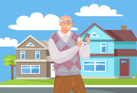 Old man with smartphone is communicating. Male character using mobile device during walk. Elderly man is chatting online. Person uses technology to communicate. Smiling man looking at phone screenのイラスト素材