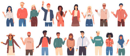 People greeting gesture. Different nations representatives waving hand saying hi. Men, women say hello. People waving hands and gesturing in friendly way. Characters wave their hand and say welcome hiのイラスト素材