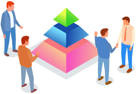 Visualize with business analytics. People work with statistical data analysis, changing indicators. Employees analyze statistical indicators, business data. Characters work with marketing researchのイラスト素材