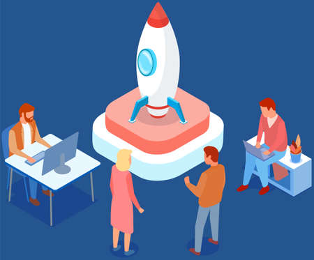 Presentation of new startup project business plan. Rocket as symbol of startup launch. People are working on development of new business project. Teamwork with space project and technologiesのイラスト素材