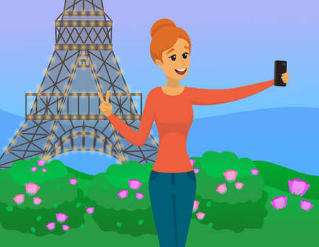Girl is traveling in Paris and taking selfie on background of Eiffel Tower. Woman is photographed on phone camera near landmark. Lady with smartphone is posing for self portrait during tour in franceのイラスト素材