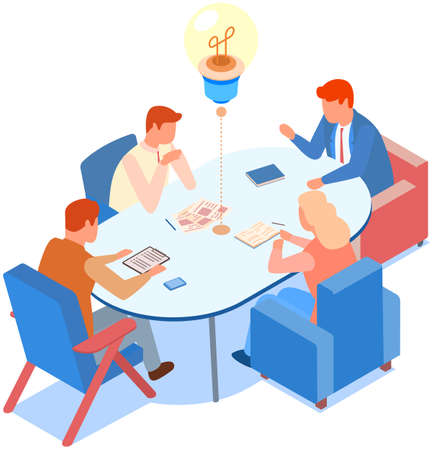 Idea symbol in form of lightbulb. Colleagues communicate and discuss startup during meeting in office. Businesspeople are planning business idea. Planning startup, lightbulb as symbol of new projectのイラスト素材