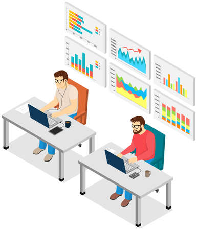 Visualize with business analytics. People work with statistical data analysis, changing indicators. Employees analyze statistical indicators, business data. Characters work with marketing researchのイラスト素材