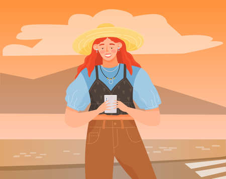 Woman with smartphone is communicating on abstract background. Female character using mobile device...