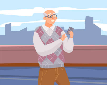 Elderly man with smartphone is communicating during walk. Male character is looking at screen of mobile device. Old character is chatting online via internet. Person uses technology to communicateのイラスト素材