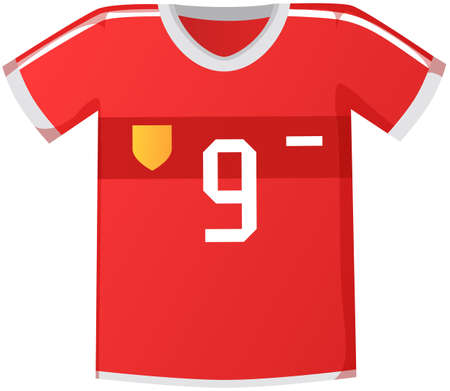 Sport uniform Jersey, red soccer shirt flat vector clothing element isolated on white background. Clothing for team play of athletes, goalkeeper, striker with number and emblems, t shirt iconのイラスト素材