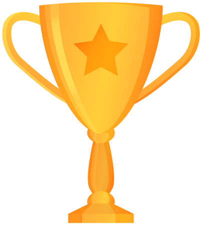 Golden trophy cup isolated on white. Vector illustration of prize with two grips. Glossy award, first place, winner symbol, championship element of goal, first place, shiny cup, trophy equipmentのイラスト素材
