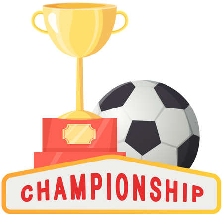 Gold cup near football ball poster of sport game competition, championship cup banner template. Football stadium, prize medal on ribbon with soccer ball and banner with sporting event announcementのイラスト素材