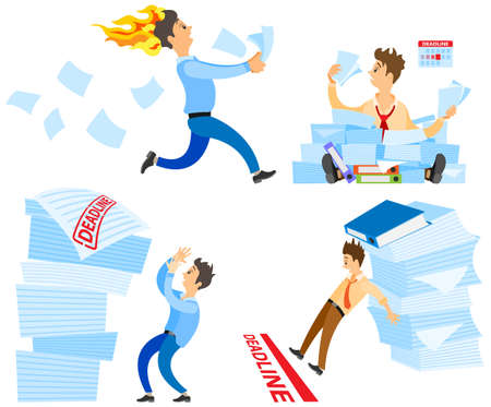 Missing deadline, bad time management. Work in high stress conditions and under hard boss pressure. Scene of tired, nervous, stressed people clutches head at work, many tasks. Deadline metaphorsのイラスト素材