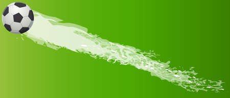 Soccer ball flies after strong hit leaves trail, black and white leather ball to play football on green background. Football spherical object with patches, sport equipment for playing soccer gameのイラスト素材