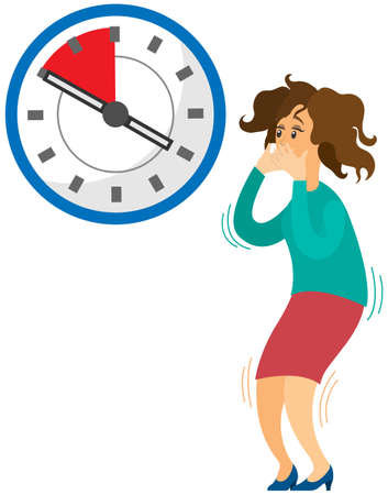 Deadline business concept, time management, fear of being late. Businesswoman is afraid of time. Scared woman stands near clock holding her head with hands in awe isolated on white backgroundのイラスト素材