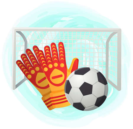 Goalkeeper protection gloves catching soccer ball. Football goalkeepers gloves, black and white ball on background of goal, sports uniform, necessary attribute of clothing during match and in trainingのイラスト素材
