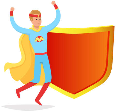Cartoon man in superhero costume stands near red magic shield on white background.  strong savior protects people from villains. Person has superpowers, smiles and hurries to save worldのイラスト素材