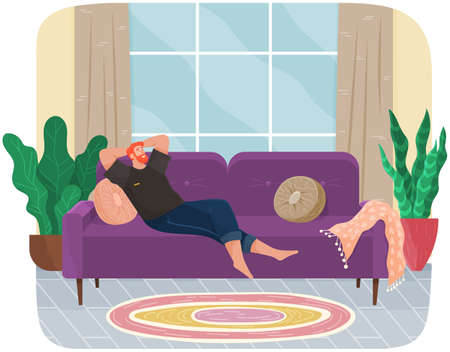 Man lying on sofa in apartment. Happy young guy relaxing, dreaming. Rest on couch and think about something. Home leisure. Male character lies on divan and smiles, enjoying time at home after workのイラスト素材