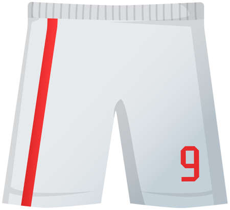 Sport shorts design template, pants fashion vector illustration. Soccer white shorts with red stripe and player s number. Athlete s clothing element, uniform for playing football team play competitionのイラスト素材
