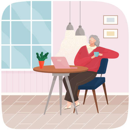 Adult woman sitting on chair at home or restaurant at cozy table drinking coffee vector illustration. Female character having lunch in apartment, drinking, enjoying free time resting after workのイラスト素材