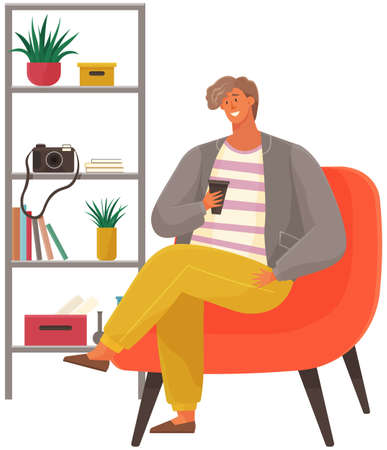 Stylish man sitting on armchair holding cup in hand drinking coffee. Male character has rest in apartment. Guy is resting, spending time at home. Interior of room with rack with decorations and cameraのイラスト素材