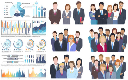 Project team man and woman business characters dressed formally isolated on white. Employee group office colleagues businessmen wearing in formal suit. Statistics charts and graphs dynamic performanceのイラスト素材