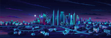 Simple flat illustration of Kuala Lumpur city in Malaysia and skyline landmarks. Panorama cityscape of middle Kuala Lumpur. Famous buildings and landmarks included Malaysia. City center night timeのイラスト素材