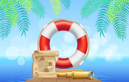 Marine inventory on tropical background. Lifebuoy, treasure map and spyglass for being at sea. Pirate equipment, nautical design items. Inflatable lifebuoy near pirate items vector illustrationのイラスト素材