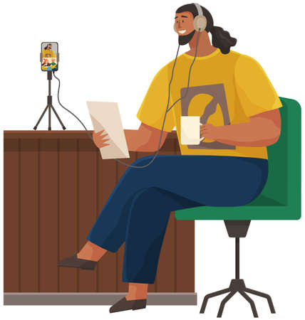 Guy communicates with friends via video call. People communcate via Internet. Man in headphones talking using phone online. Male character recording video, online podcast, broadcast on smartphoneのイラスト素材