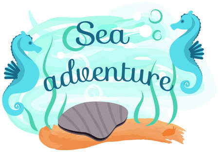 Marine life elements, underwater world with ocean fauna. Shell, seahorse and seaweed near sign with inscription. Sea creatures, items for nautical design, marine icons. Summer adventure conceptのイラスト素材