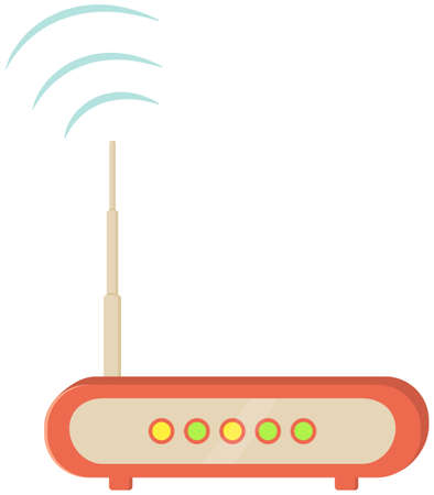 Router, wi fi connection technological device. Router vector symbol, modern equipment illustration. Device for transmitting Internet signal over a distance, electronic communication appliance isolatedのイラスト素材