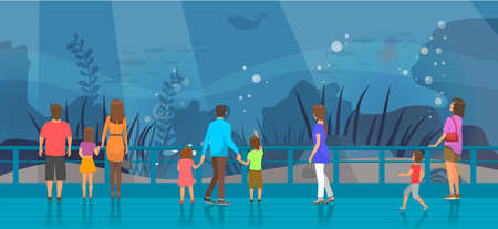 People watching underwater scenery with sea animals in oceanarium. Underwater fauna with fish, seaweed, whale, jellyfish. Marine world representatives. Oceanarium visitors look at fish in aquariumのイラスト素材