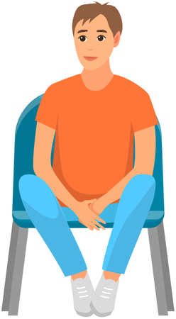 Guy in t-shirt sitting on chair and watching show isolated on white background. Male character in viewer seat is looking at something. Smiling man in audience, spectator sitting on viewer placeのイラスト素材