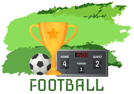 Gold cup near football ball poster of sport game competition, championship cup banner template. Football stadium, prize medal on ribbon with soccer ball and banner with sporting event announcementのイラスト素材